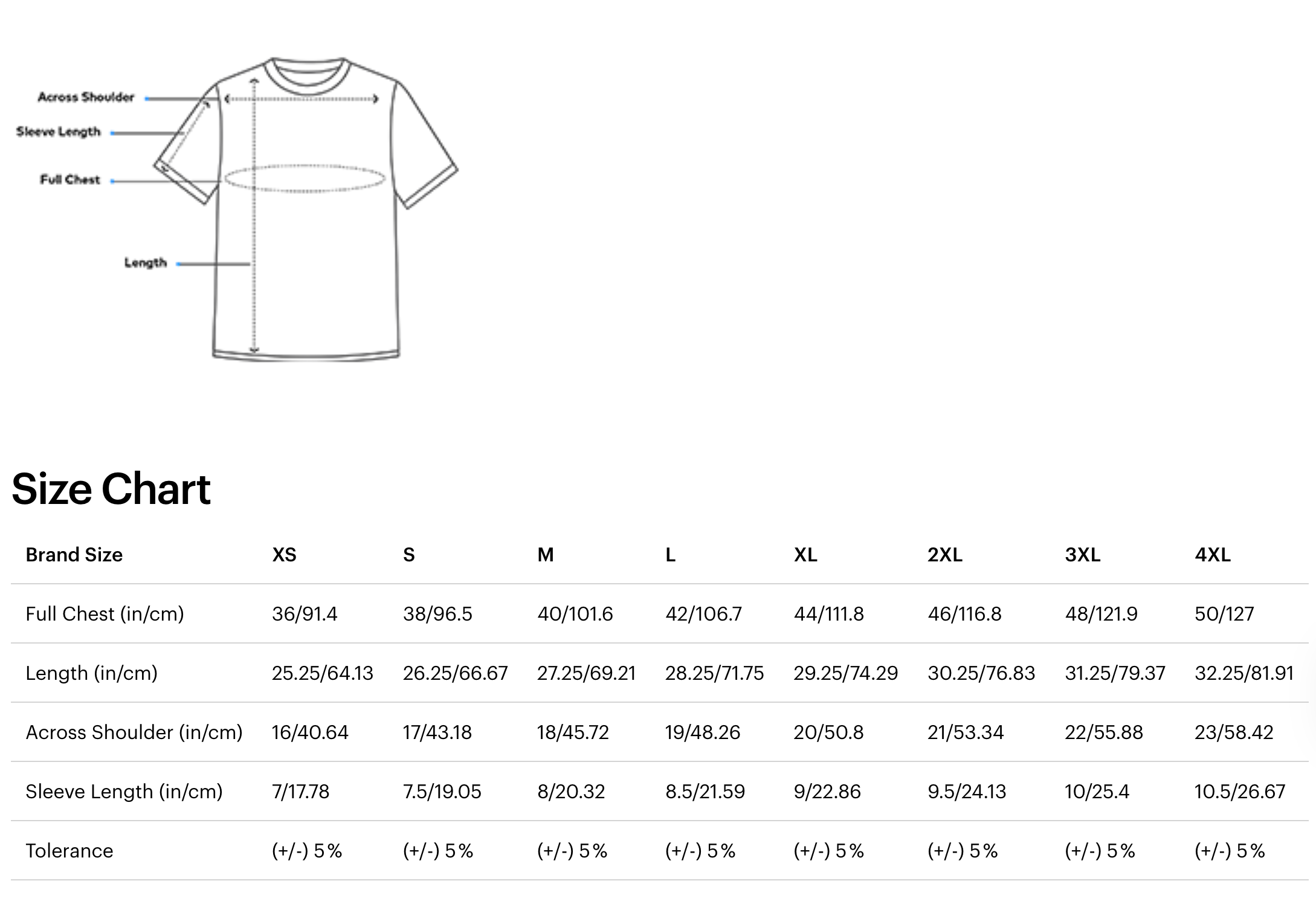 Size chart for a t-shirt with measurements in centimeters and inches.