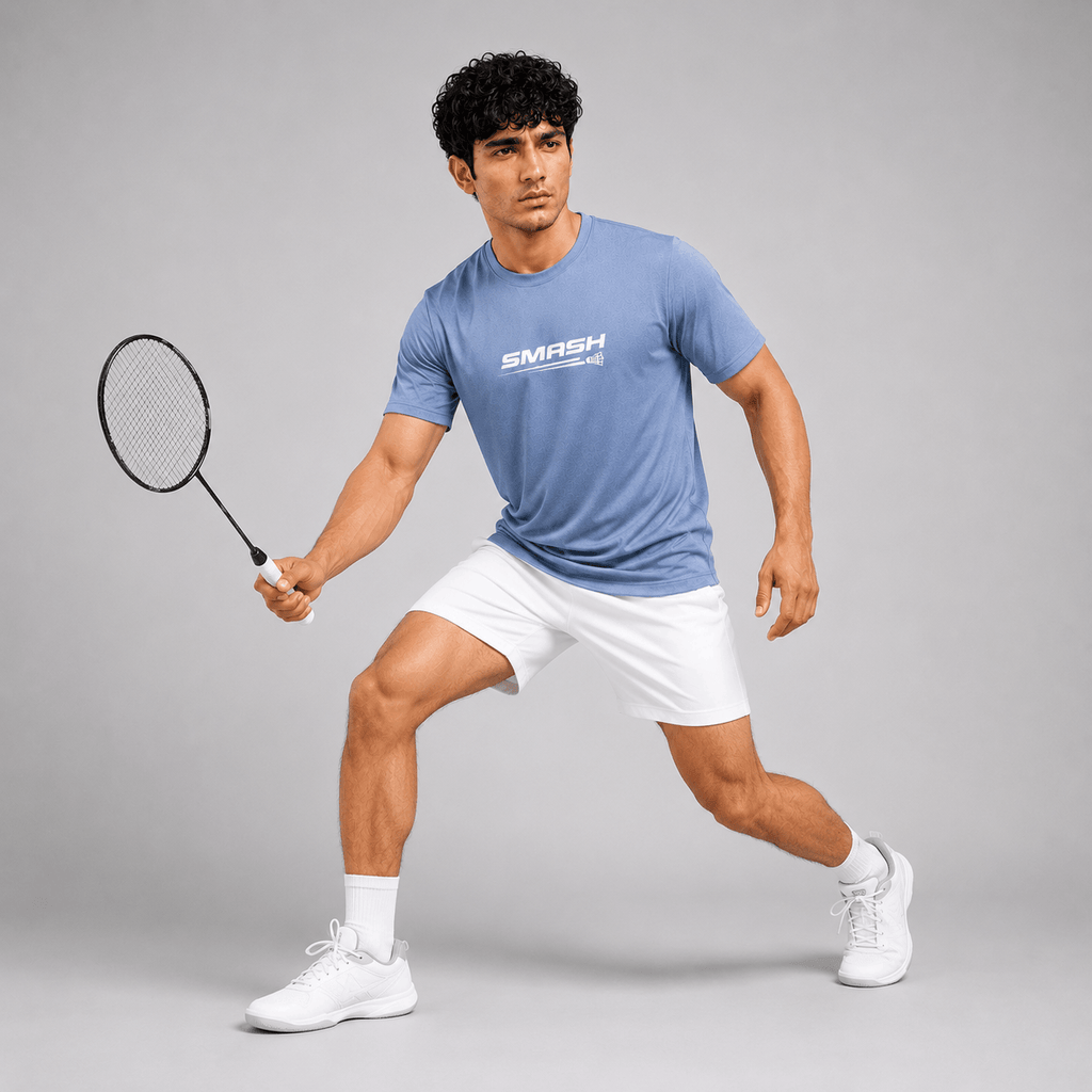 A man in athletic wear, featuring a light blue t-shirt with the brand name 'SMASH' printed on the chest, white shorts, white socks, and white sneakers, holding a badminton racket in a dynamic pose against a solid gray background.