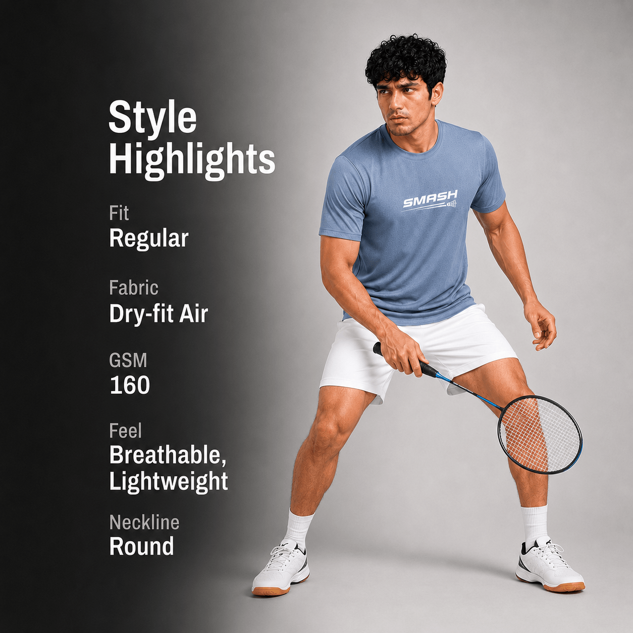 A male tennis player wearing a light blue SMASH dry-fit t-shirt, white shorts, and white sneakers is posed holding a tennis racket against a gray studio background. The left side features a dark gray gradient panel with white text highlighting product features like fit, fabric, GSM, and feel.