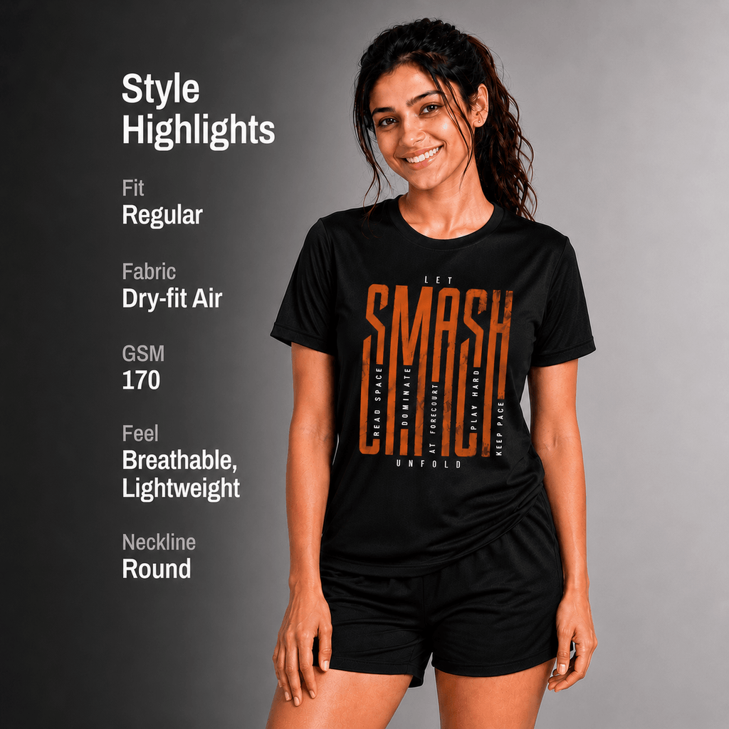 Woman wearing a black badminton t-shirt with 'SMASH' design on a gray background