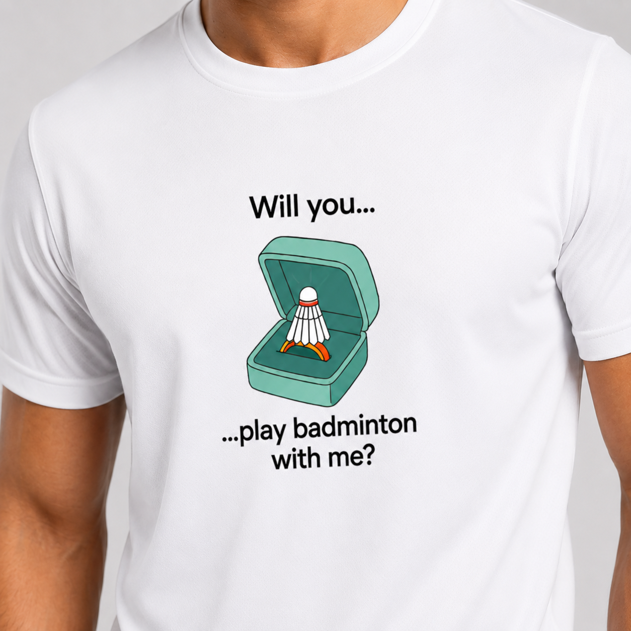 Unisex Cotton Badminton Court Proposal T-Shirt - Will You Play Badminton With Me Shuttlecock Ring Box Graphic White Tee