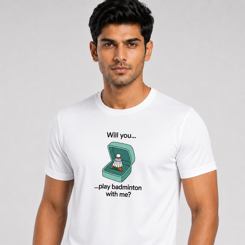 White Badminton Court Proposal T-Shirt Full Model View - Funny Will You Play Badminton With Me Unisex 180 GSM Cotton Tee