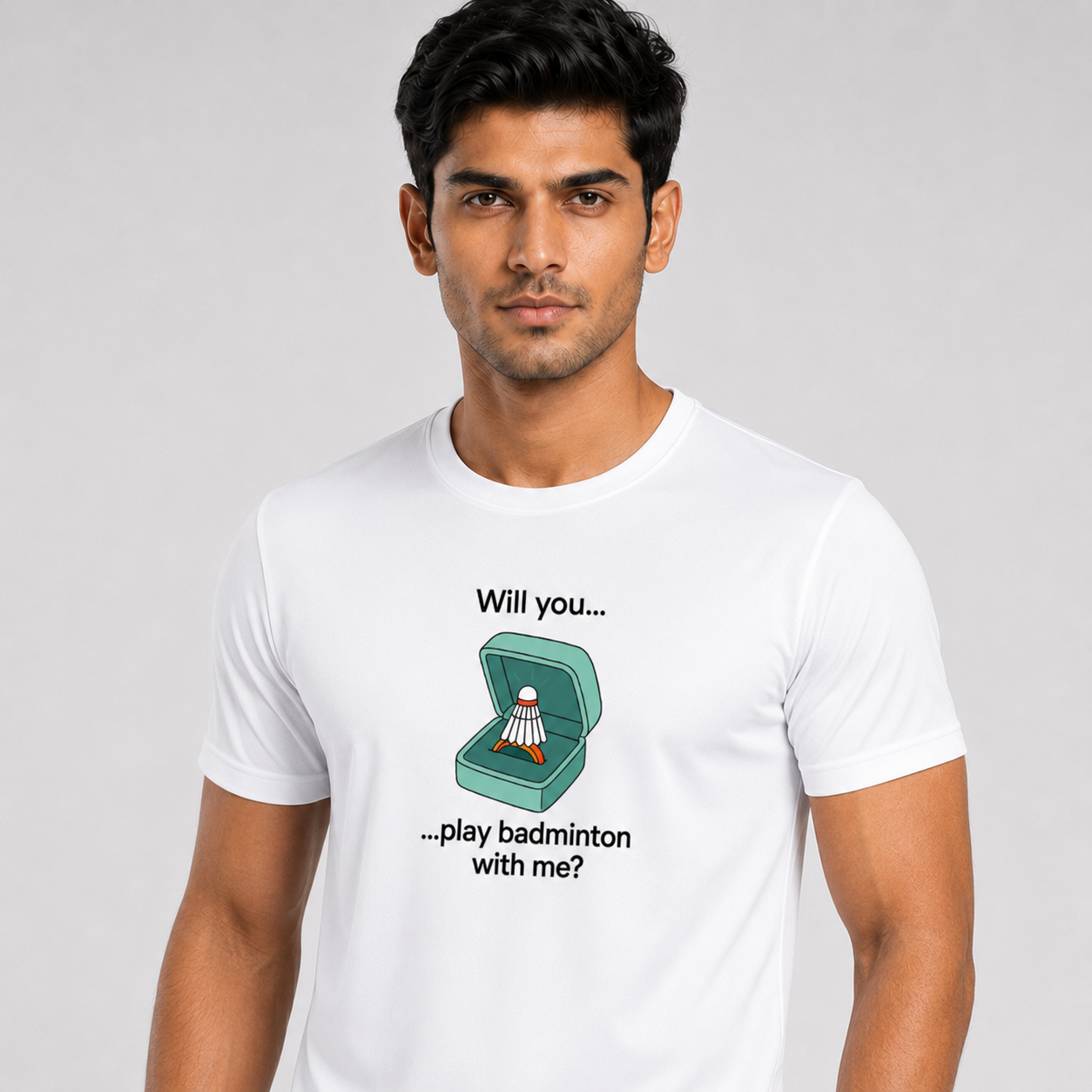 White Badminton Court Proposal T-Shirt Full Model View - Funny Will You Play Badminton With Me Unisex 180 GSM Cotton Tee