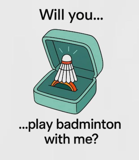 Badminton Court Proposal White Cotton T-Shirt Flat Lay - Will You Play Badminton With Me Shuttlecock Ring Box Print Unisex Tee