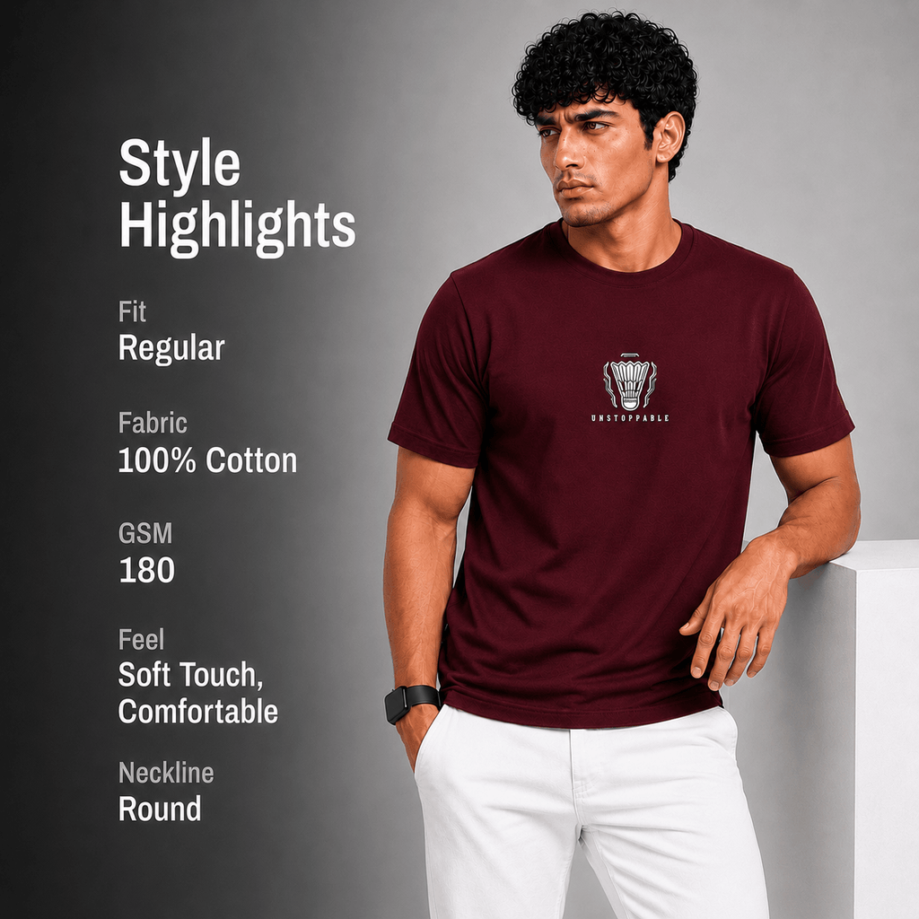 A man wearing a maroon short-sleeve crewneck t-shirt with a small white trophy graphic and the text 'CUPFARE' on the chest, standing against a gray background with white text highlighting product features on the left.