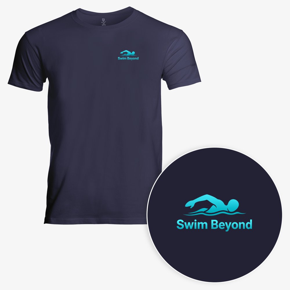 Navy blue t-shirt with 'Swim Beyond' logo on a white background