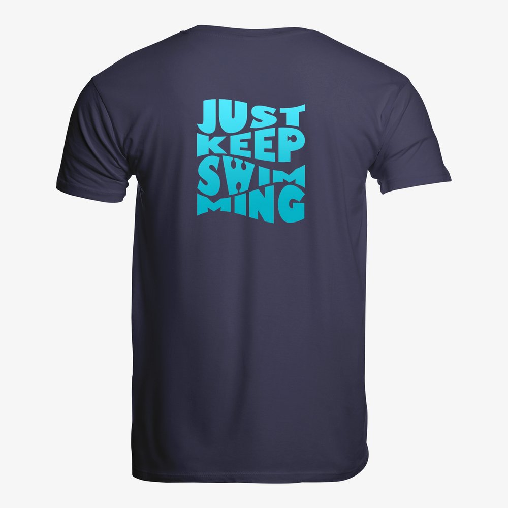 Navy blue t-shirt with 'Just Keep Swimming' text on the back against a white background
