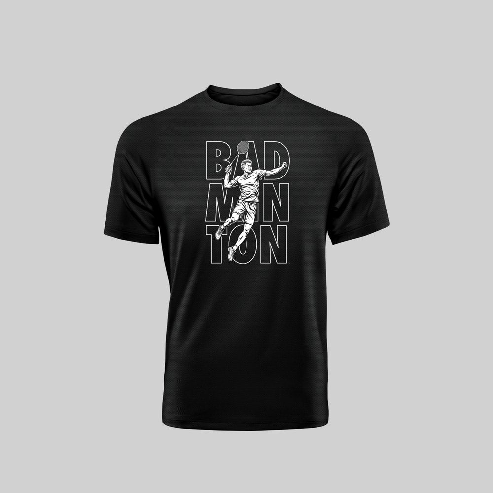 Black t-shirt with white graphic and text on a gray background