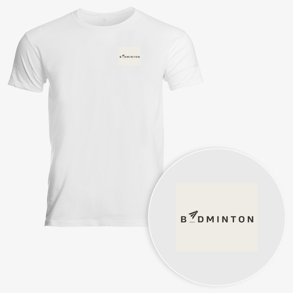 White t-shirt with 'Badminton' logo and a close-up of the logo on a white background.