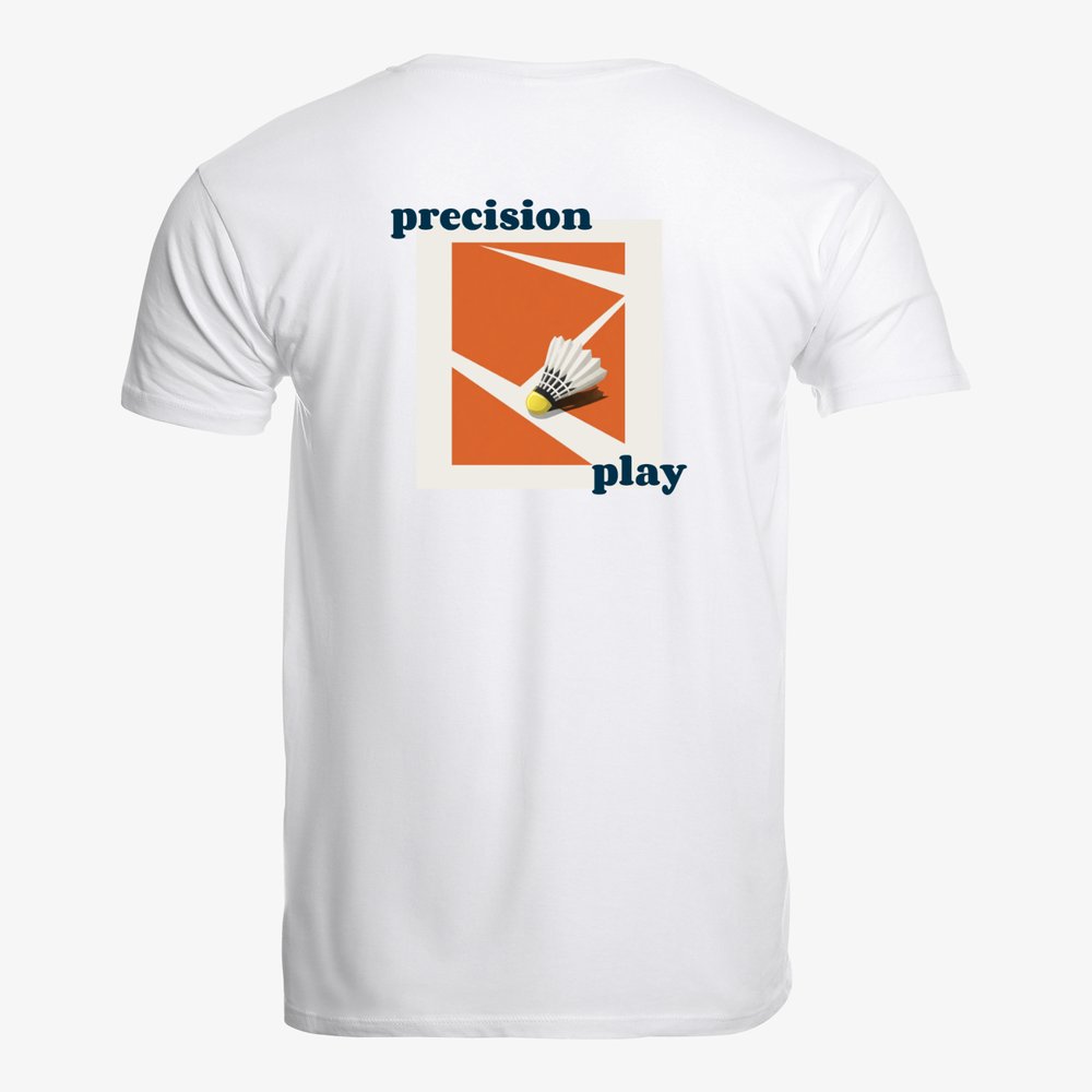 White t-shirt with a graphic of a shuttlecock and text on a white background