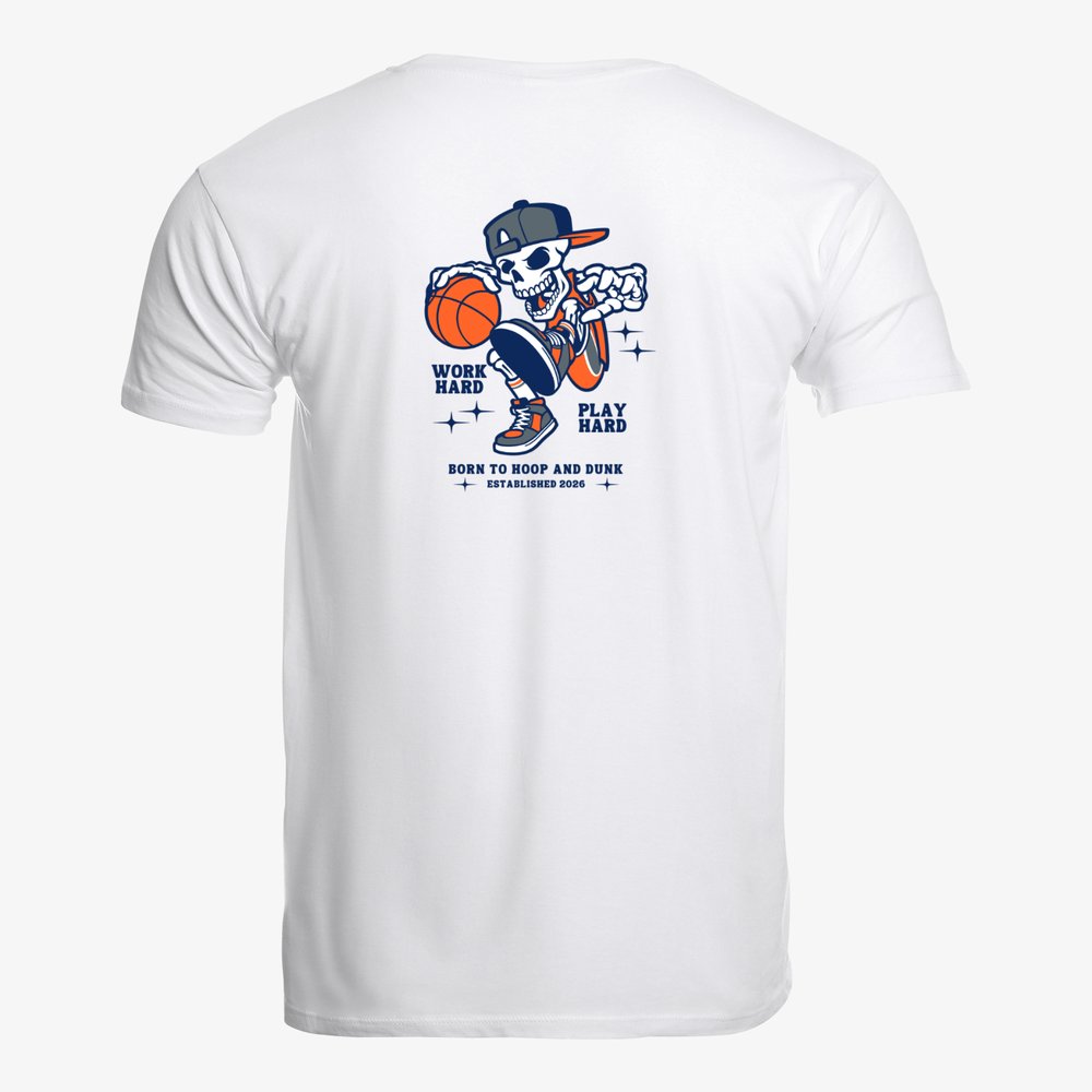 White t-shirt with a skeleton playing basketball graphic and text on a white background