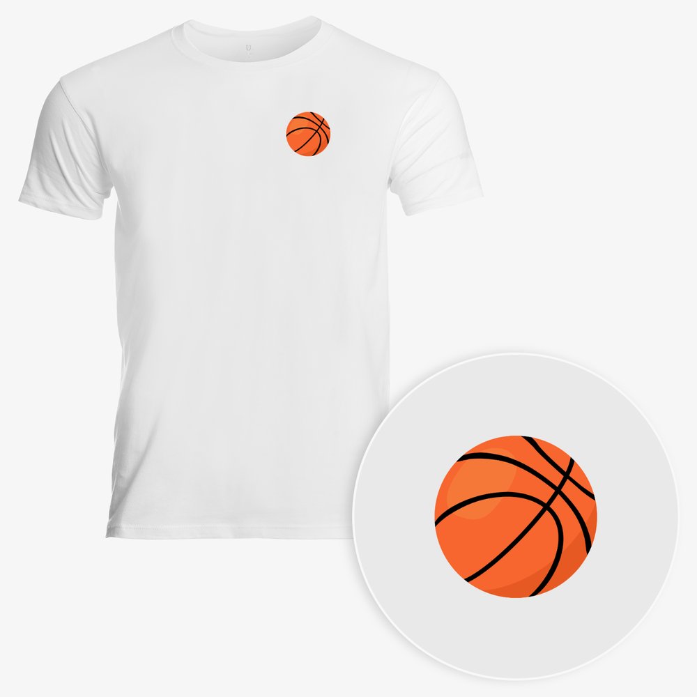 White t-shirt with a basketball graphic and a close-up of the same graphic on a white background.