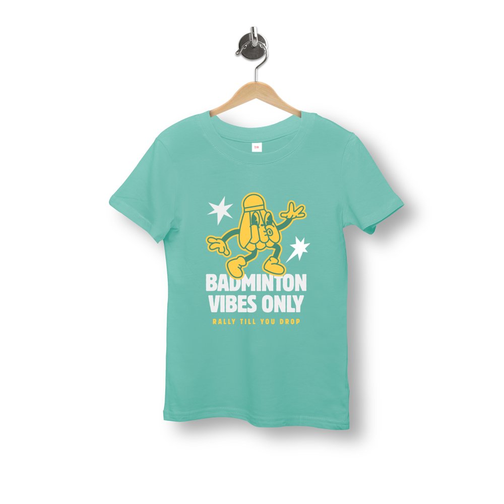Teal t-shirt with yellow graphic and text on a hanger against a white background