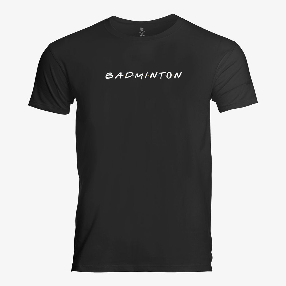 Black t-shirt with 'BADMINTON' printed on it against a white background