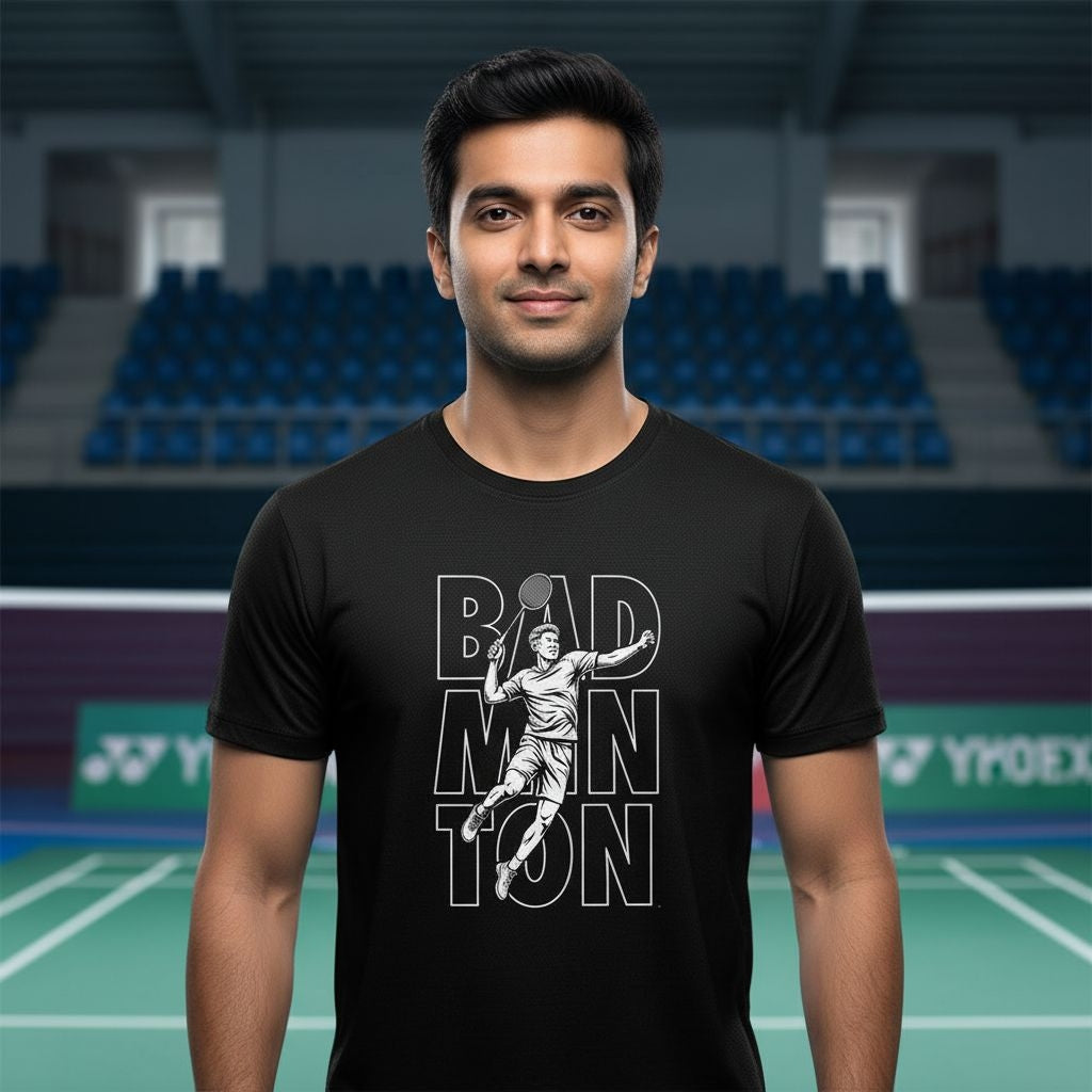 Man wearing a black t-shirt with badminton design on an indoor court background