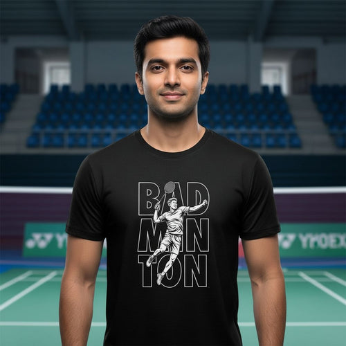 Man wearing a black t-shirt with badminton design on an indoor court background