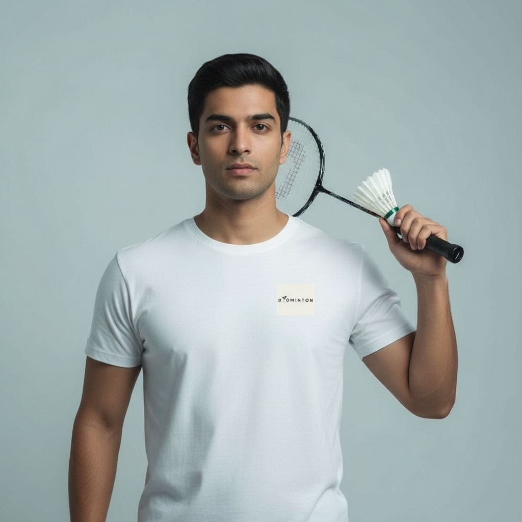 Man holding a badminton racket with shuttlecock against a gray background