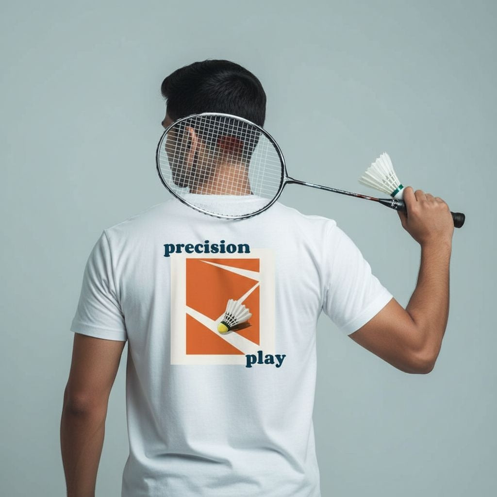Person holding a badminton racket with a shirt featuring badminton graphics and text.