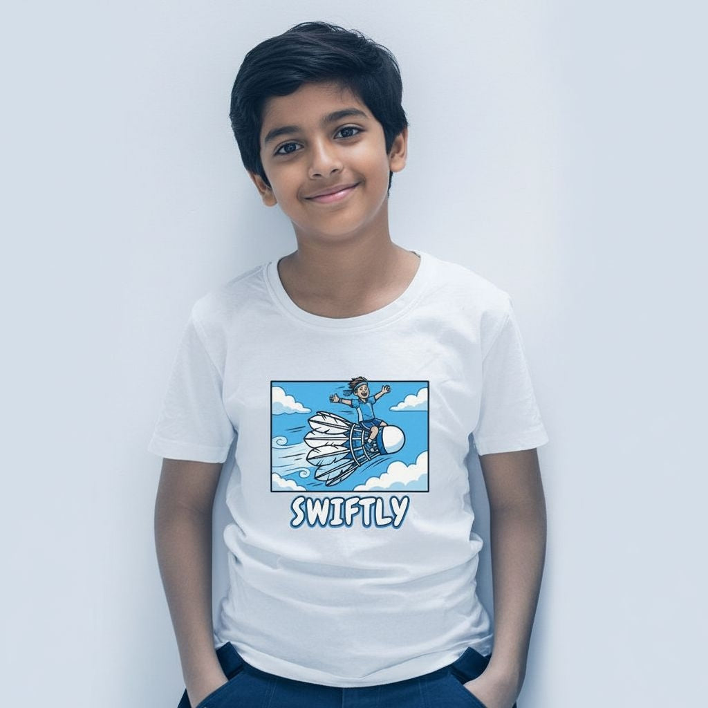 Person wearing a white t-shirt with a graphic design and text on a plain background
