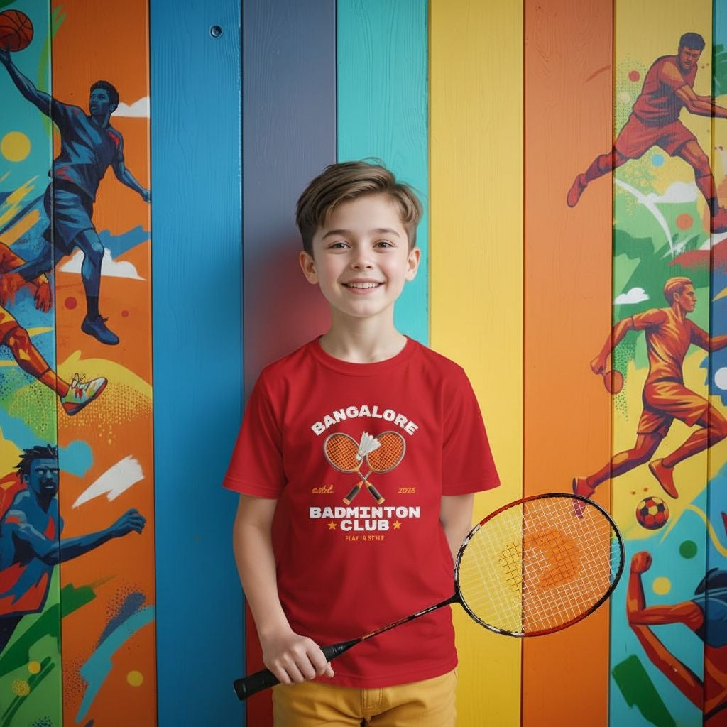 Child wearing a red 'Bangalore Badminton Club' shirt holding a badminton racket in front of a colorful wall with sports-themed artwork.