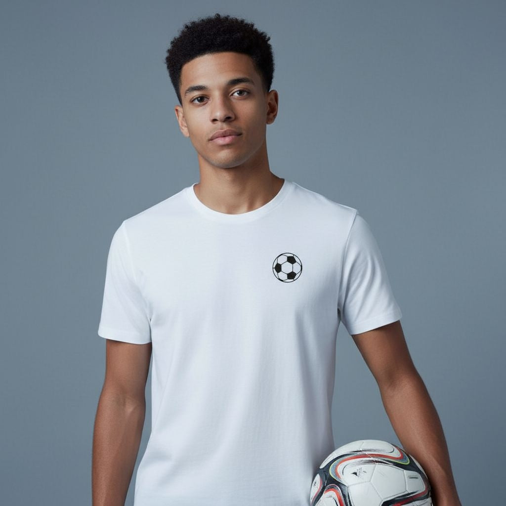 White Football Soccer Doodle T-Shirt Front View Lifestyle - Men's 100% Soft Cotton 180 GSM Half Sleeve Graphic Tee with Soccer Ball