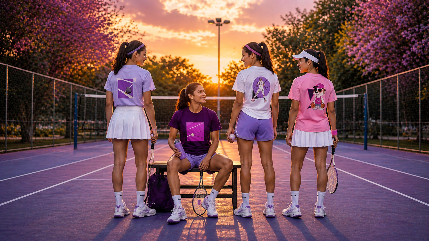 Four women on a tennis court at sunset, wearing matching sports outfits with logos.