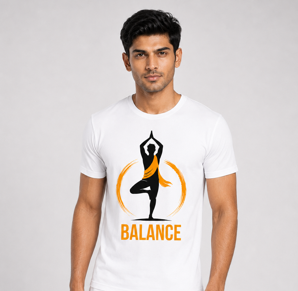 Man wearing a white t-shirt with a yoga graphic and 'BALANCE' text on a gray background