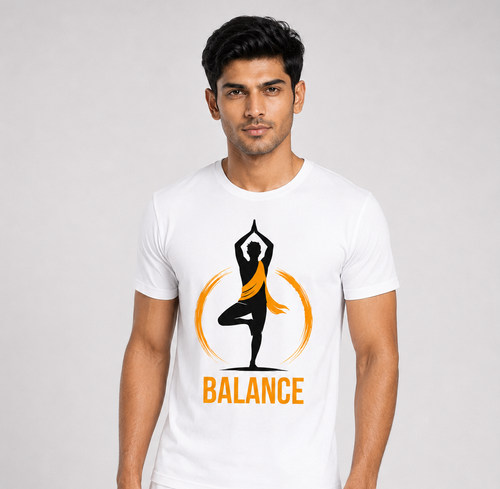 Man wearing a white t-shirt with a yoga graphic and 'BALANCE' text on a gray background
