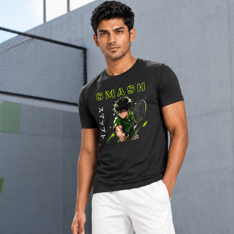 Man wearing a black t-shirt with a graphic design on a court