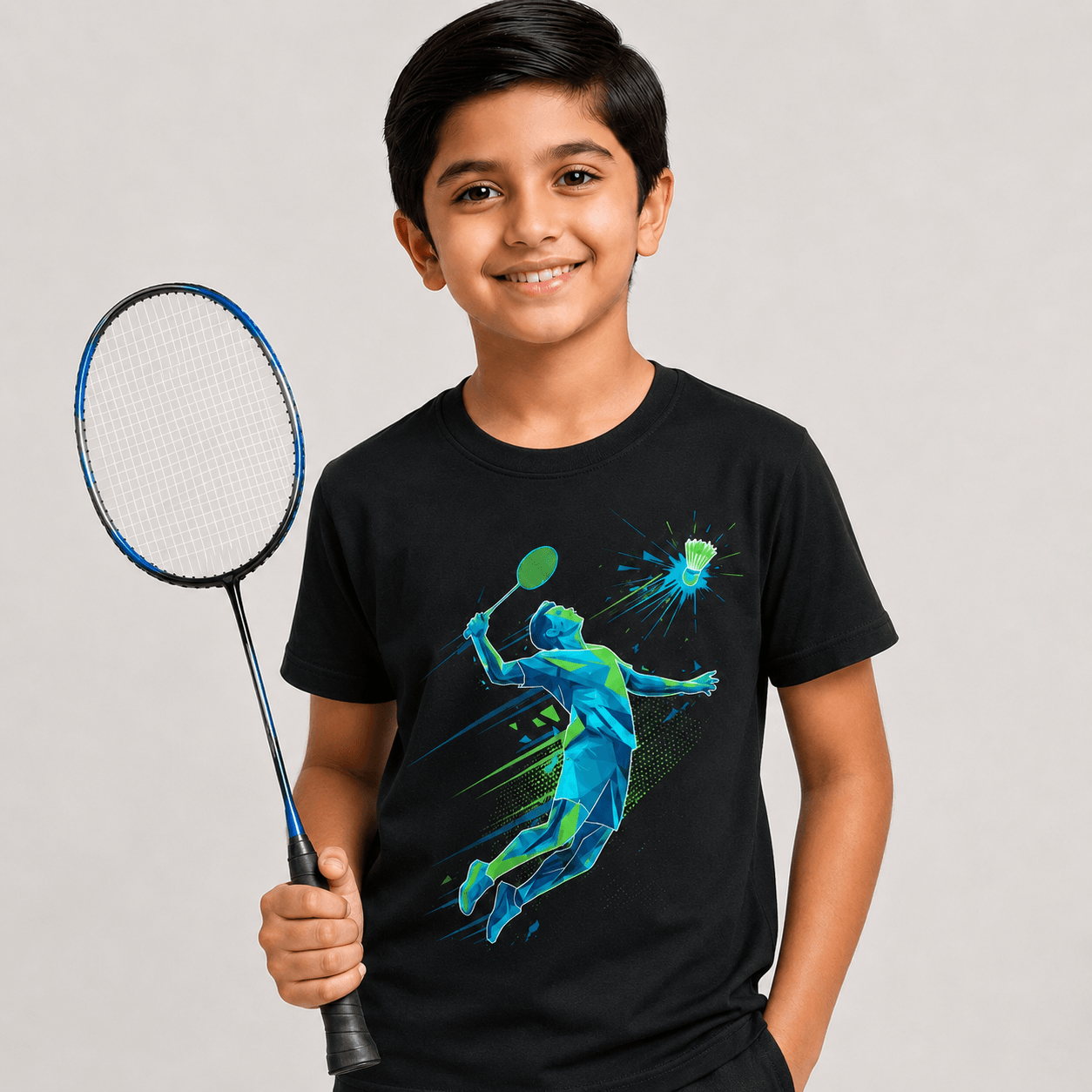 A smiling young boy holding a badminton racket, wearing a black t-shirt with a colorful geometric graphic of a badminton player.