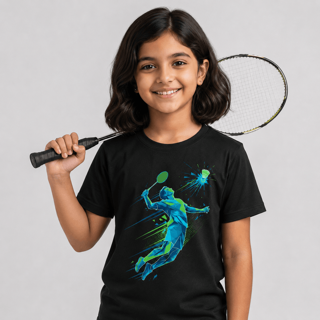 A young girl with dark hair smiling while holding a badminton racket, wearing a black badminton t-shirt with a colorful geometric player graphic on the front, set against a solid light gray background.