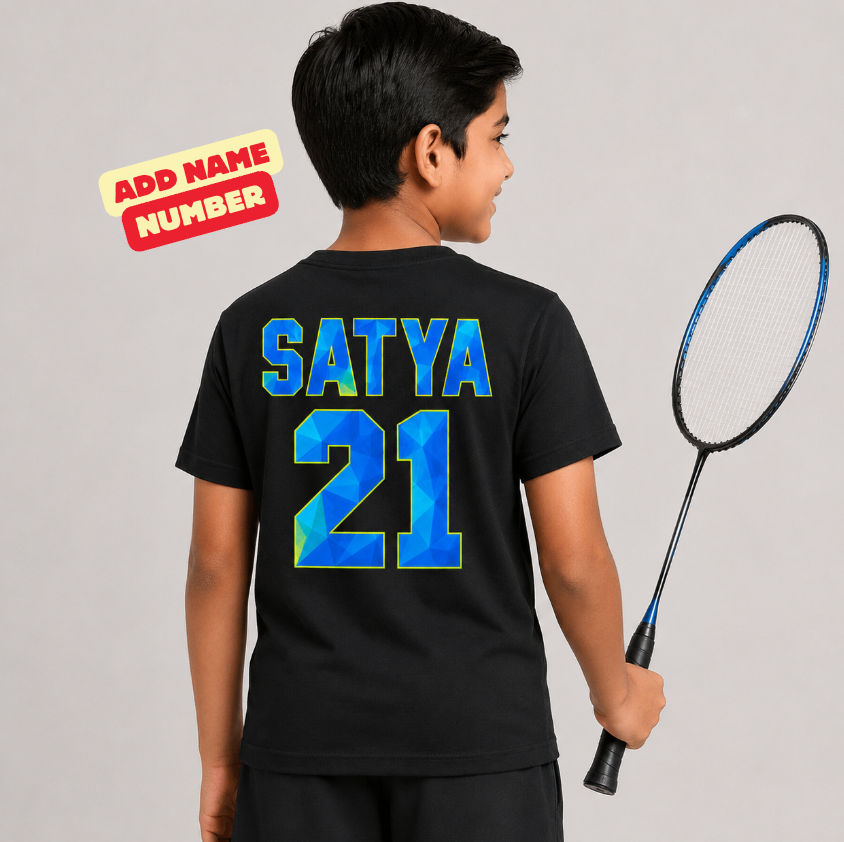 custom name and number on back of badminton tshirt