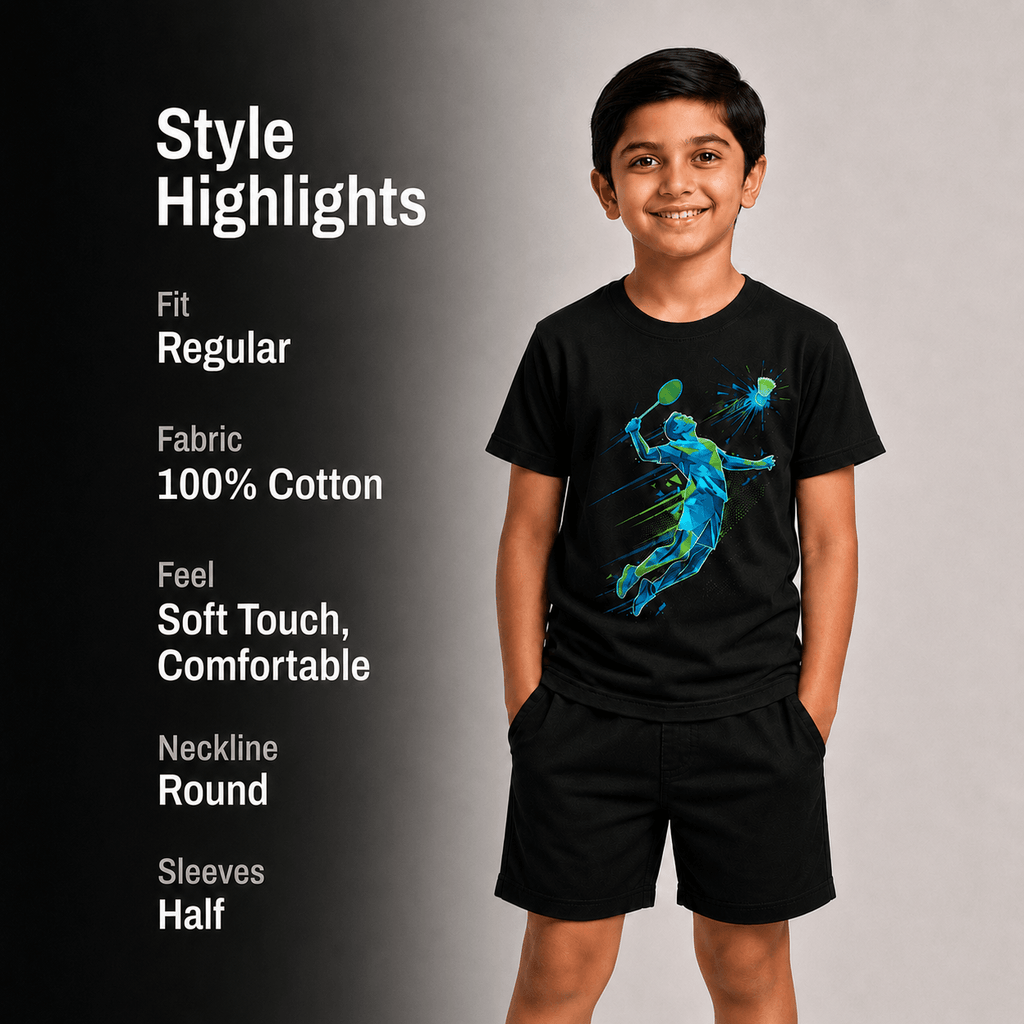 A child model wearing a black short-sleeve t-shirt with a blue and green tennis player graphic, paired with black shorts, standing against a split gray and black background with text highlighting product features.