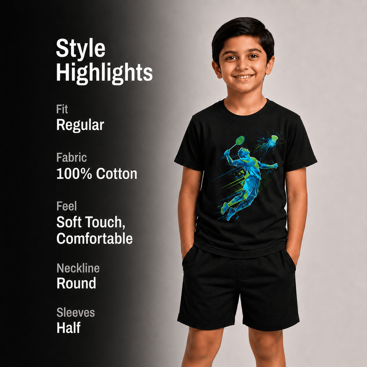 A child model wearing a black short-sleeve t-shirt with a blue and green tennis player graphic, paired with black shorts, standing against a split gray and black background with text highlighting product features.