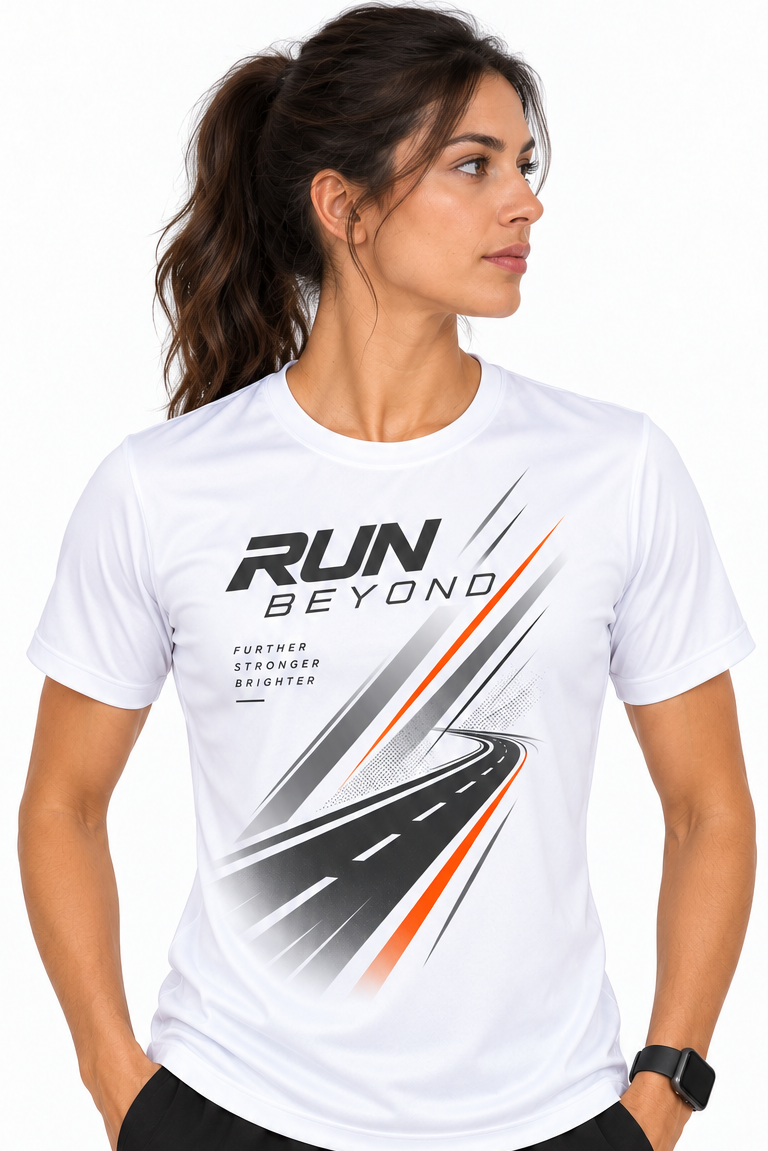 A woman wearing a white athletic t-shirt with a black and orange road graphic and the text 'RUN BEYOND' on the front, paired with black athletic shorts, against a plain white background.