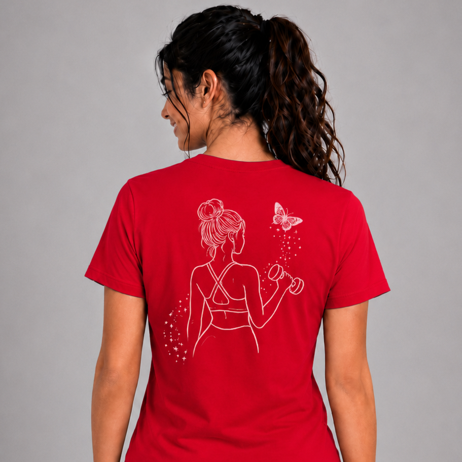 Person wearing a red t-shirt with a design on the back against a gray background