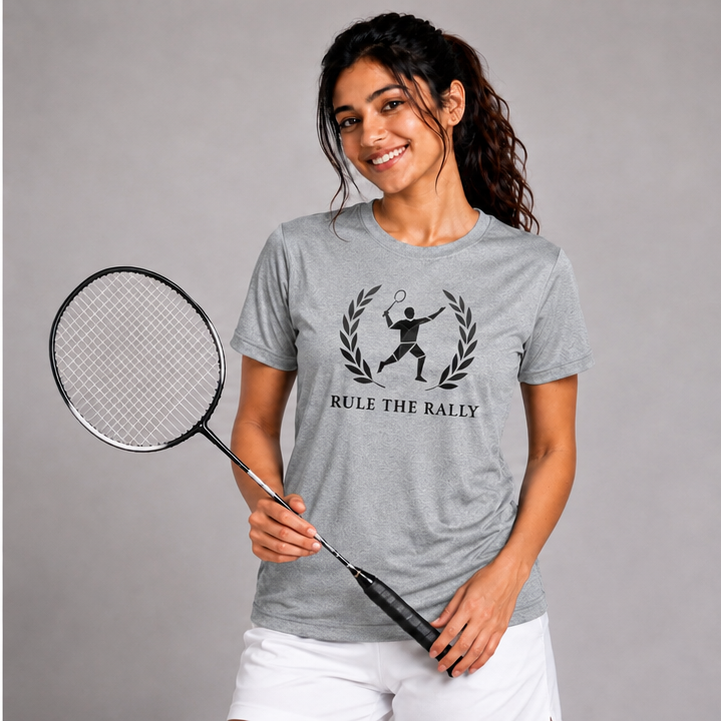 women wearing t-shirts with a rule the rally design and text, holding badminton rackets on a gray background.