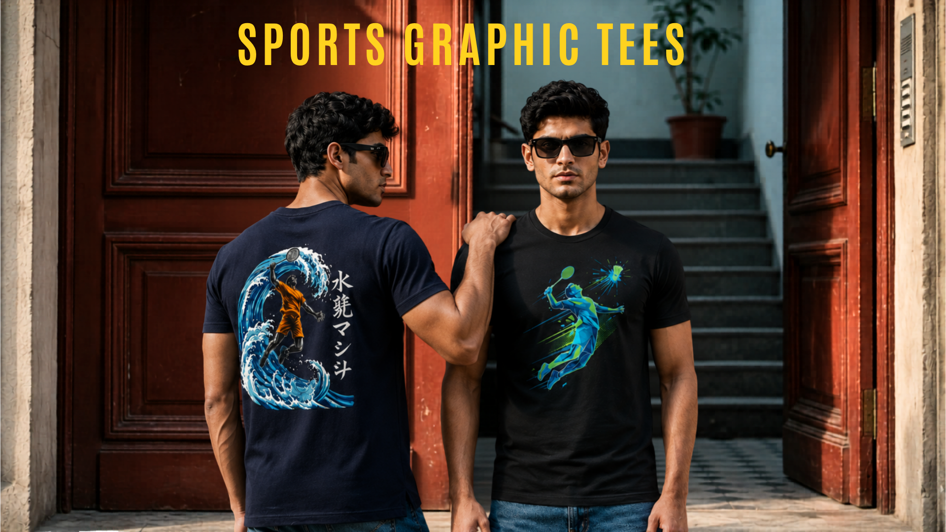 Two men wearing black sports graphic tees with colorful designs in front of a building entrance.