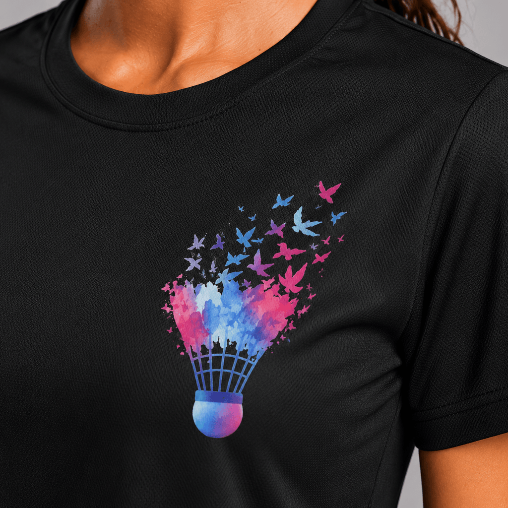 Black t-shirt with a colorful badminton shuttlecock design featuring butterflies.