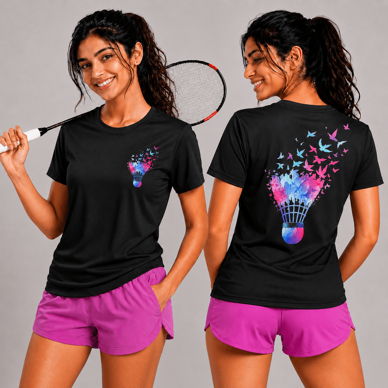 Two women wearing black badminton t-shirts with colorful badminton shuttlecock designs, one holding a badminton racket.