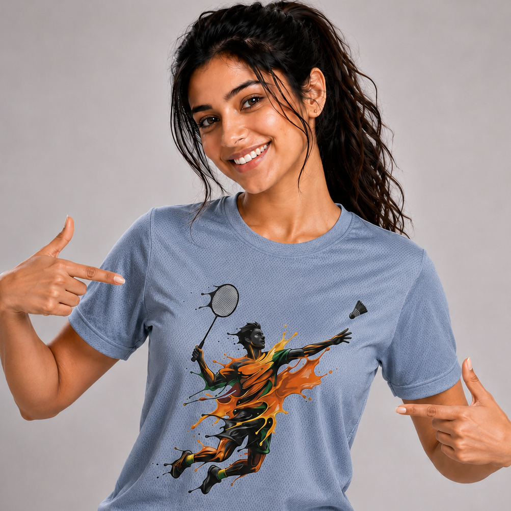 A woman modeling a light blue crewneck t-shirt with a graphic print of a badminton player in a dynamic orange and black paint-splatter design. She is pointing at the graphic with both hands against a solid gray studio background.
