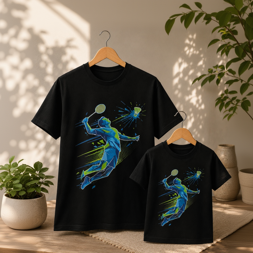 Two black short-sleeve T-shirts on wooden hangers, one adult size and one child size, displayed on a wooden table. Both shirts feature a colorful graphic of a badminton player in blue, green, and yellow.